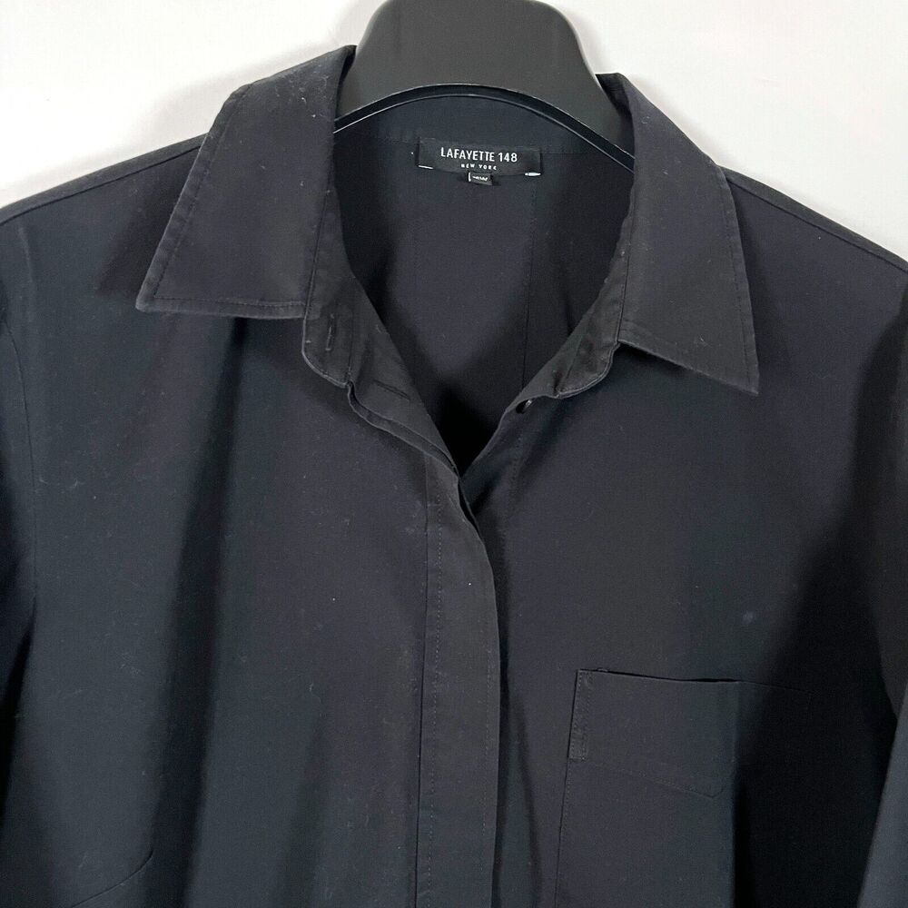 Lafayette 148 Button Up Tunic Shirt 16W Hidden Buttons Double Cuff Black Relaxed - Picture 2 of 9
